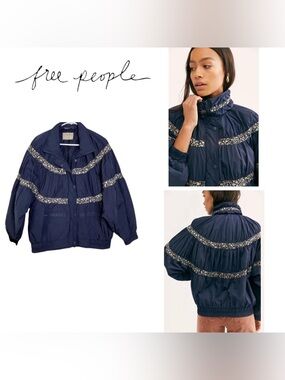 We The Free Navy Quilted Puffer Jacket with Metallic Trim